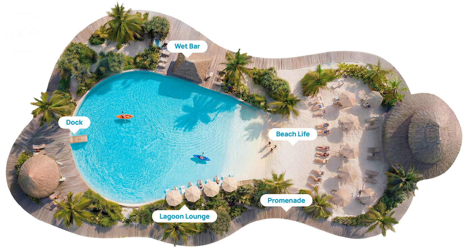 Top-down render of the 500 m² Small Lagoon by Crystal Lagoons™ model with beach, Lagoon Lounge, wet bar and dock